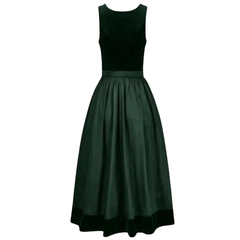 Emerald Green Velvet Dirndl Dress with Bow Sash & Straps