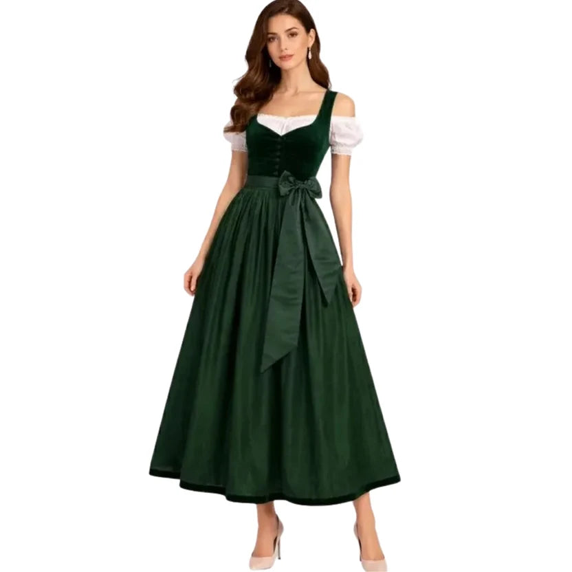 Emerald Green Velvet Dirndl Dress with Bow Sash & Straps