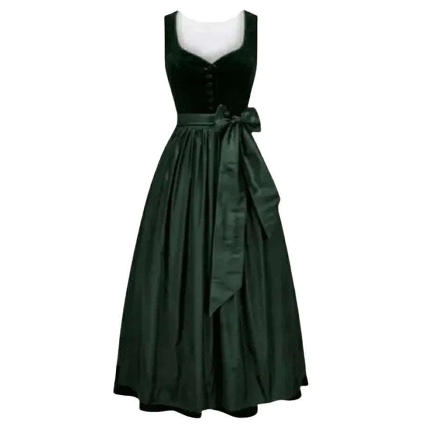 Emerald Green Velvet Dirndl Dress with Bow Sash & Straps