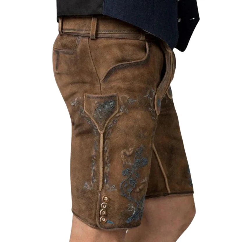 Men's Embroidered Brown Lederhosen – Bavarian Leather Shorts