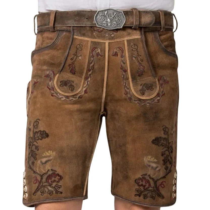 Men's Embroidered Brown Lederhosen – Bavarian Leather Shorts