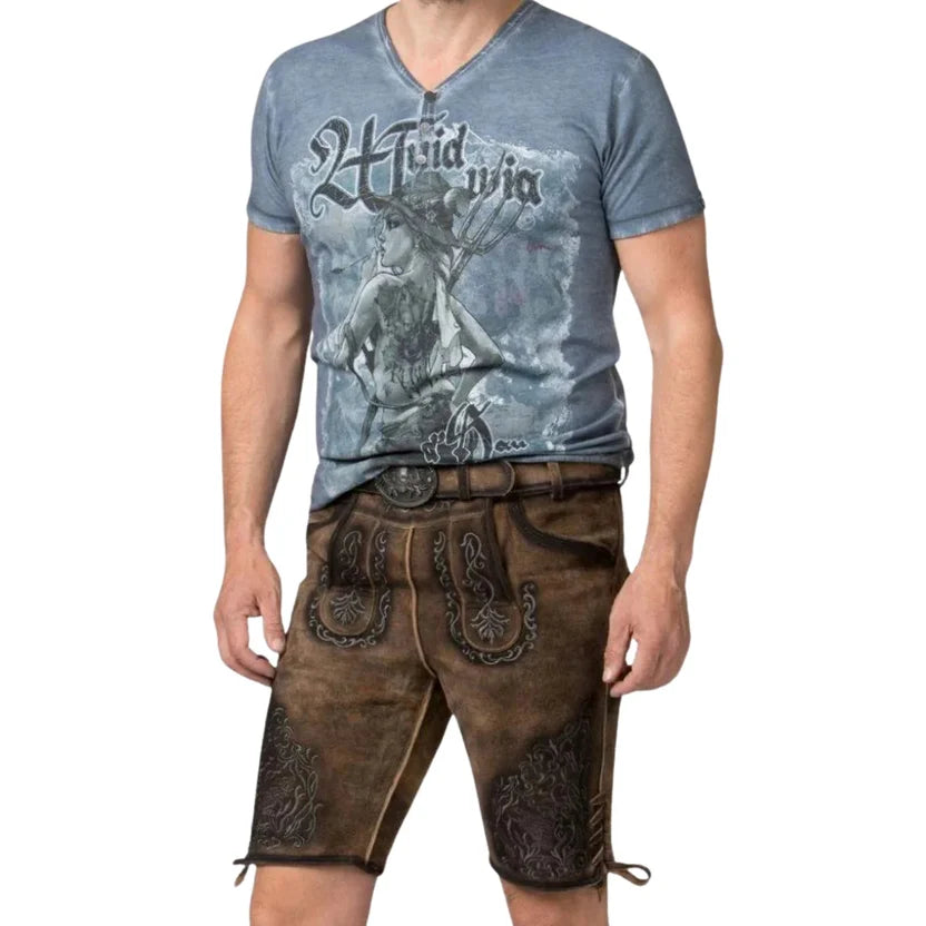 Men's Brown Suede Lederhosen with Scroll Embroidery
