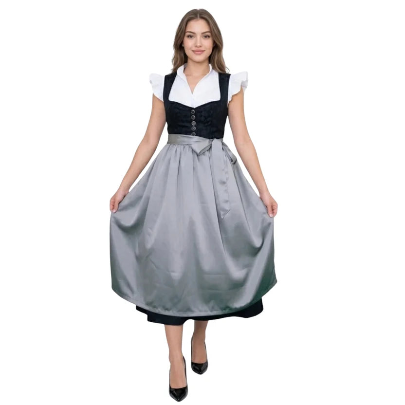 Black Velvet Dirndl Dress with Grey Satin Apron | Elegant