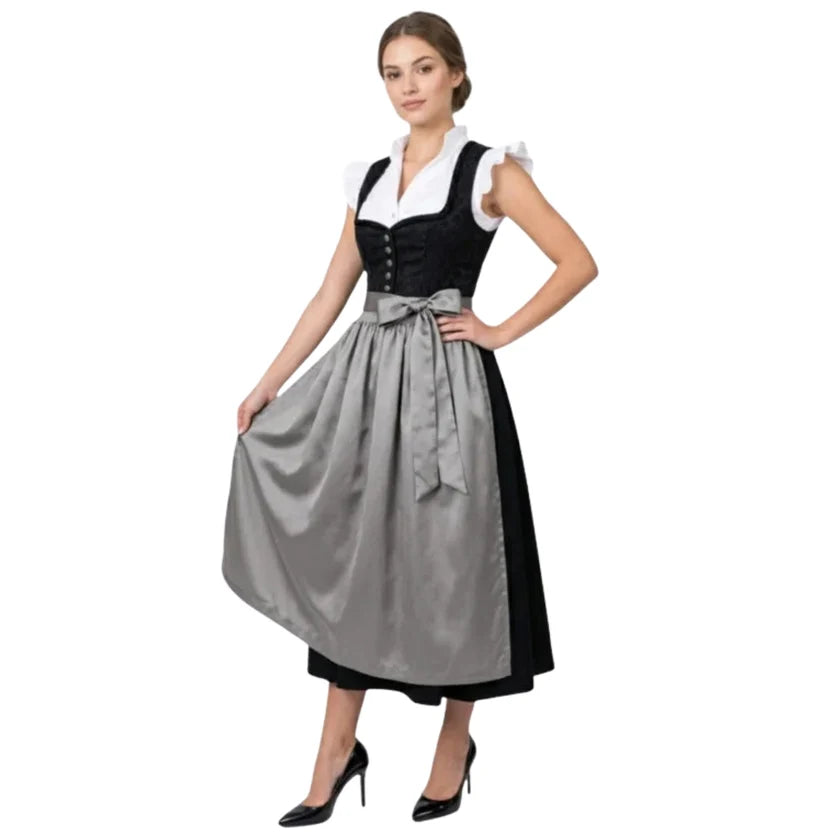 Black Velvet Dirndl Dress with Grey Satin Apron | Elegant