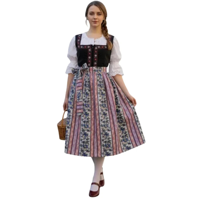 Black Dirndl Dress with Floral Striped Waistband