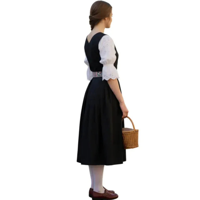Black Dirndl Dress with Floral Striped Waistband