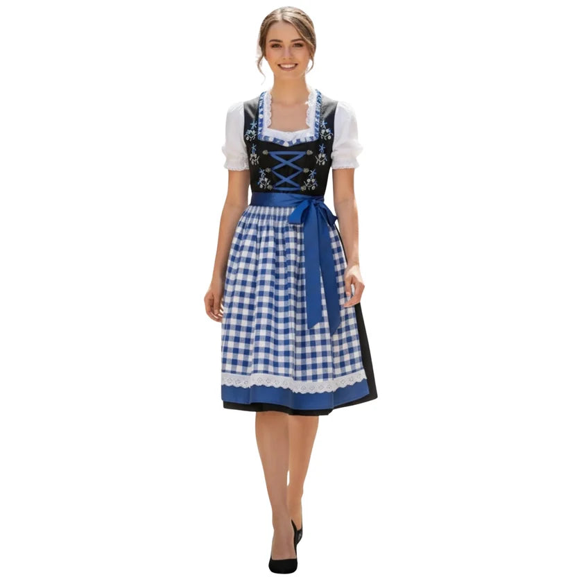 Blue Gingham Dirndl Dress with Embroidered Bodice