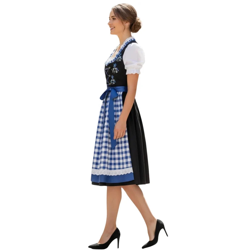 Blue Gingham Dirndl Dress with Embroidered Bodice