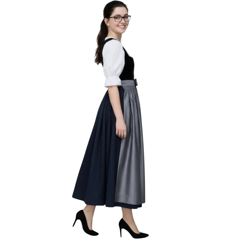Black Velvet Dirndl Dress with Grey Satin Apron