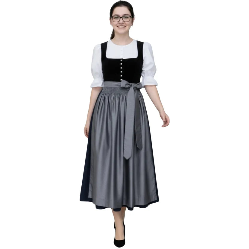 Black Velvet Dirndl Dress with Grey Satin Apron