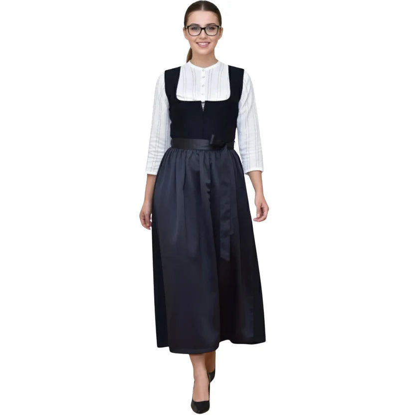 Black Velvet Dirndl Dress with Striped Blouse & Bow