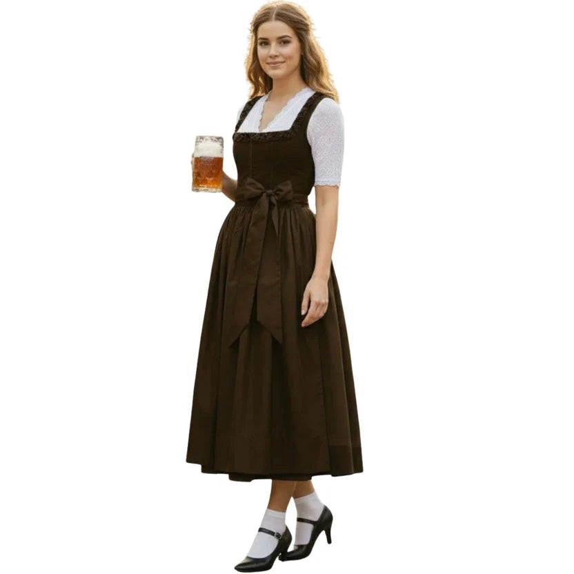 Dark Brown Corduroy Dirndl Dress with Bow Sash