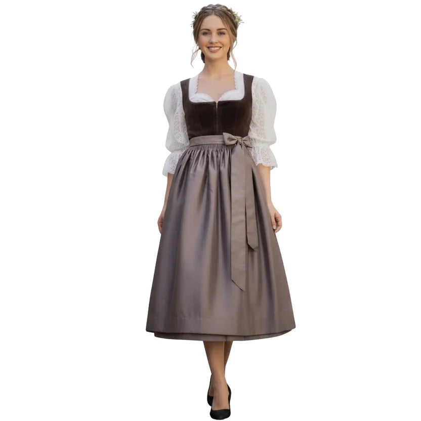 Brown Velvet Dirndl Dress with Lace Blouse & Bow