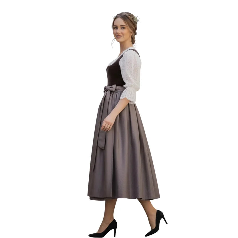 Brown Velvet Dirndl Dress with Lace Blouse & Bow
