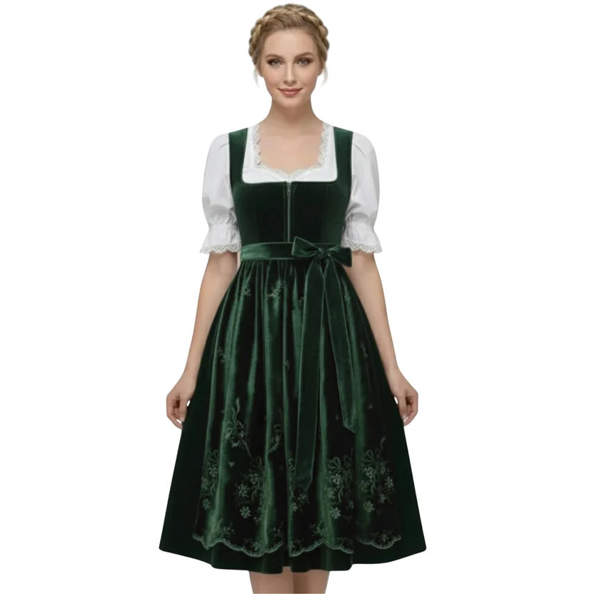 Green Velvet Dirndl Dress with Embroidered Hem