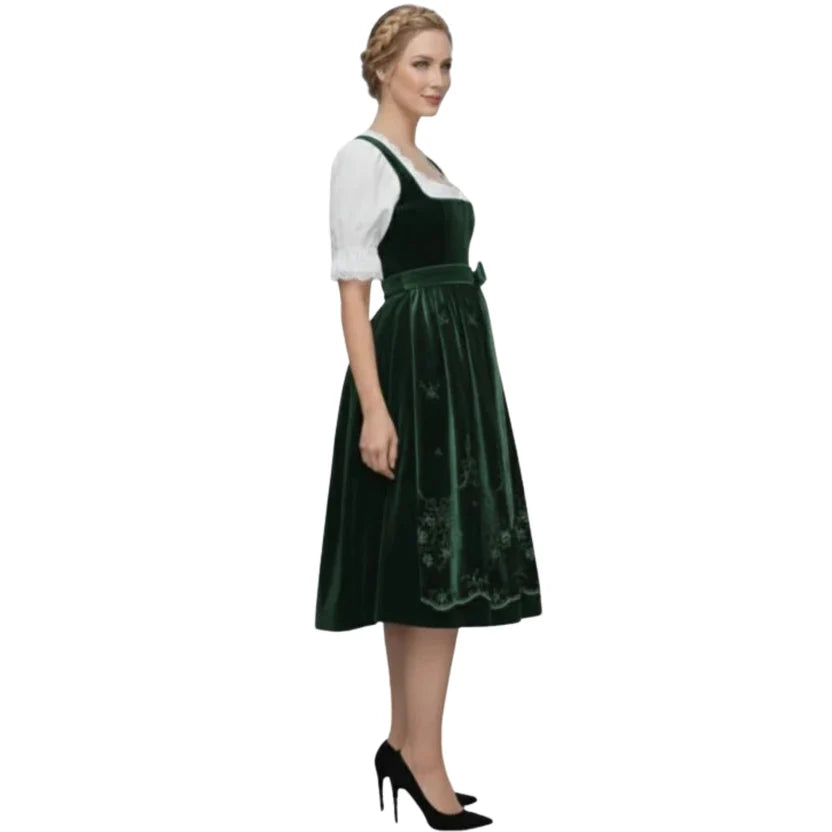 Green Velvet Dirndl Dress with Embroidered Hem