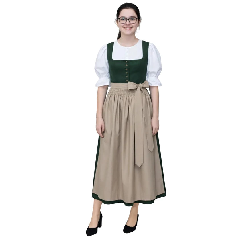Green Dirndl Dress with Beige Apron & Puff Blouse