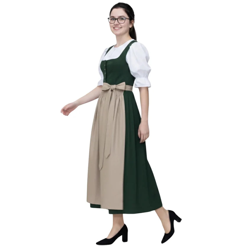 Green Dirndl Dress with Beige Apron & Puff Blouse