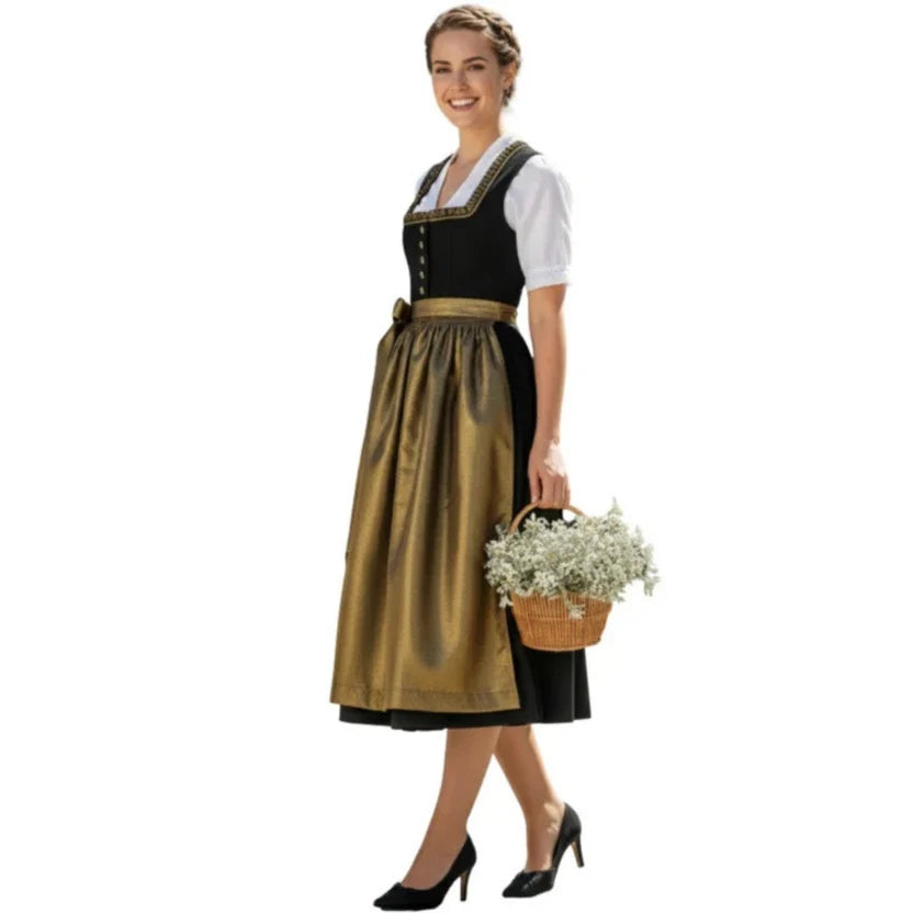 Black Dirndl Dress with Gold Metallic Apron