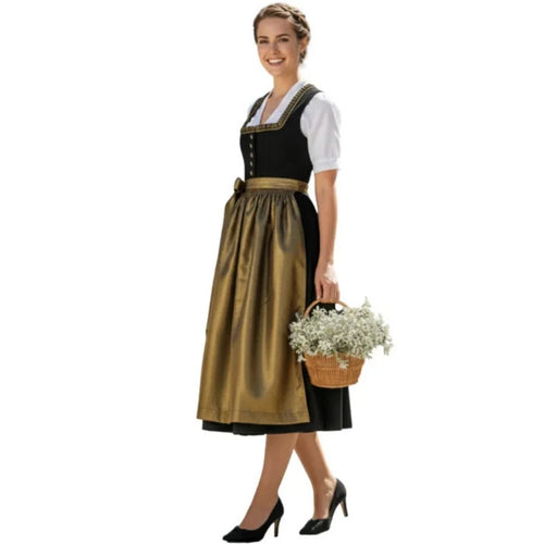 Black Dirndl Dress with Gold Metallic Apron