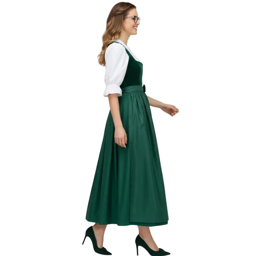 Emerald Green Velvet Dirndl Dress with Satin Apron | Ankle