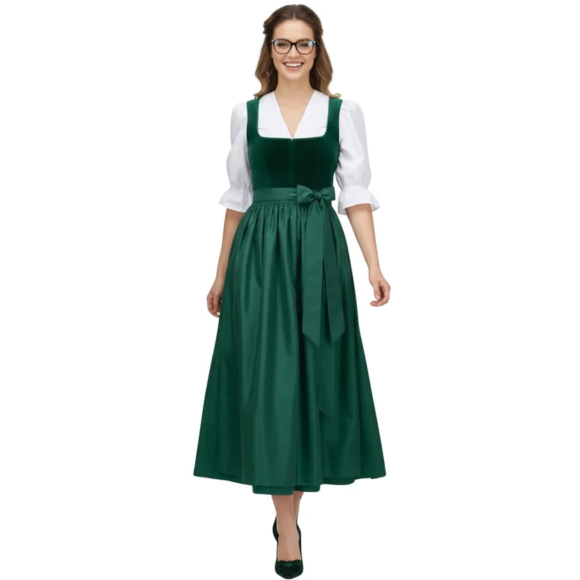 Emerald Green Velvet Dirndl Dress with Satin Apron | Ankle