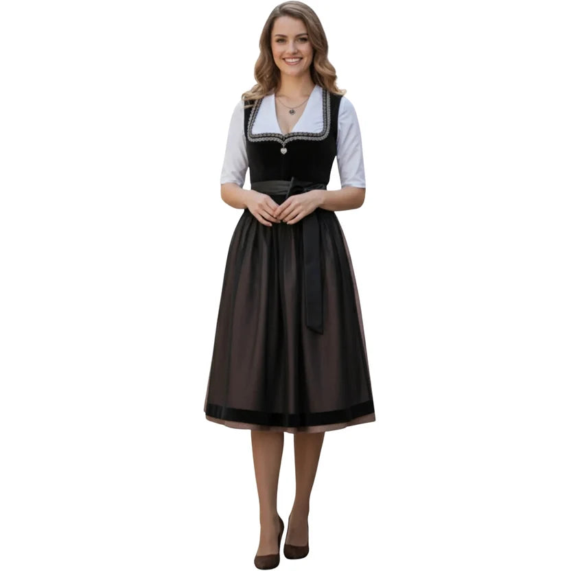 Black Velvet Dirndl Dress with Sheer Apron & Sash