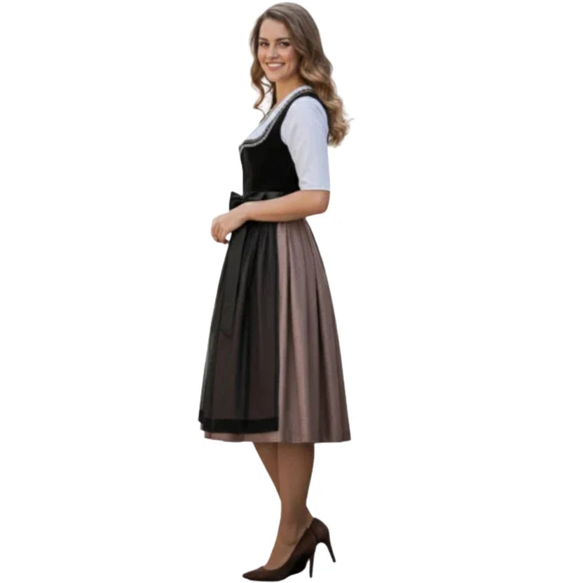 Black Velvet Dirndl Dress with Sheer Apron & Sash