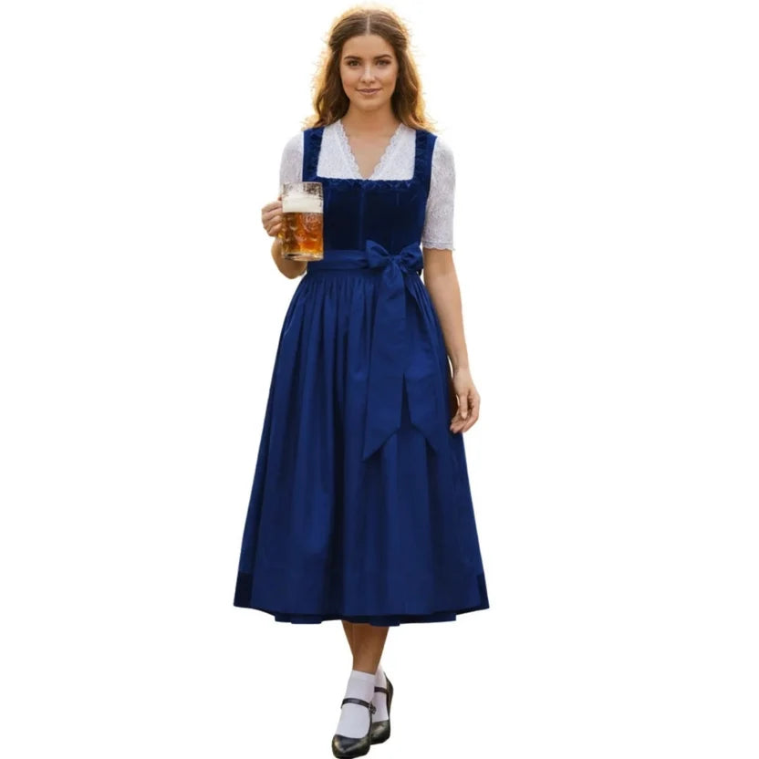 Navy Blue Velvet Dirndl Dress with Lace Blouse | Oktoberfest