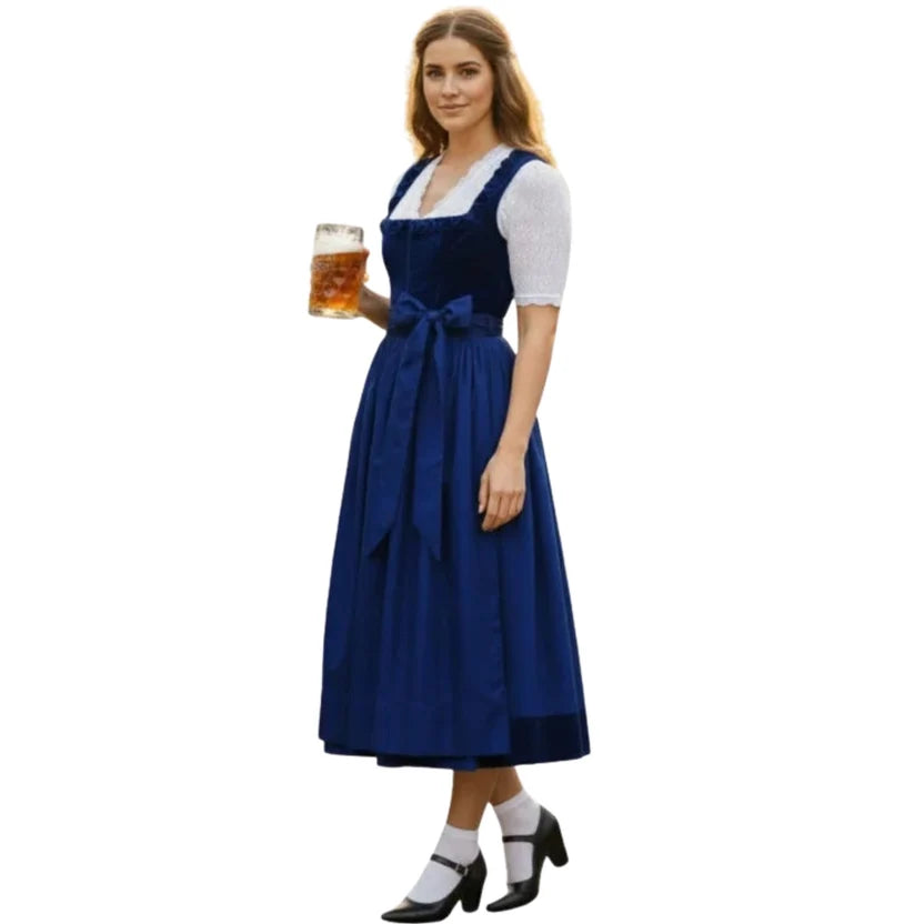 Navy Blue Velvet Dirndl Dress with Lace Blouse | Oktoberfest
