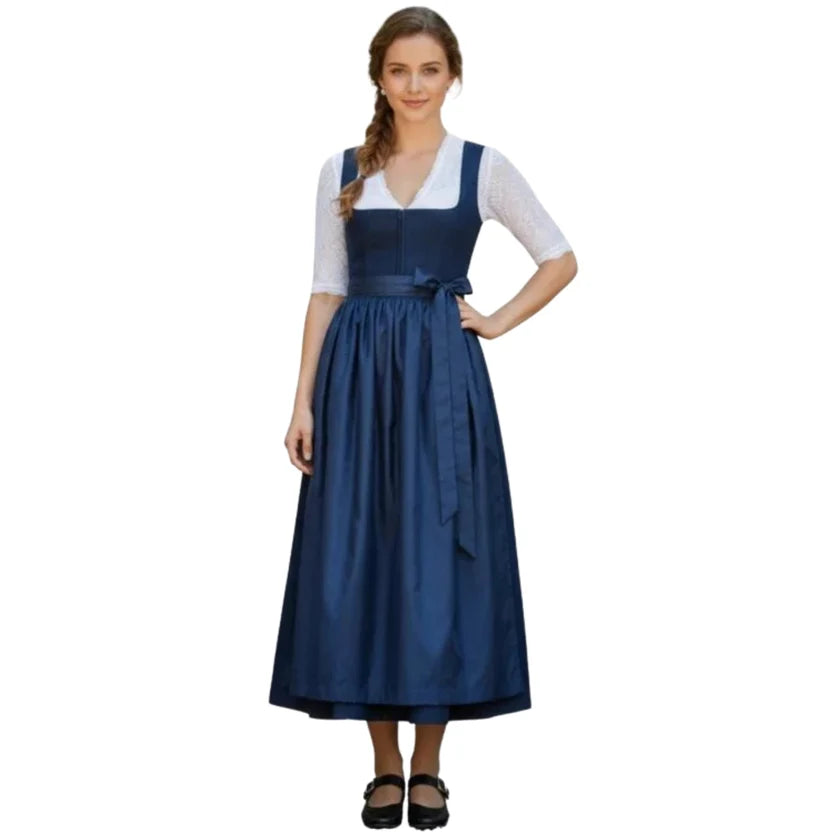 Navy Blue Velvet Dirndl Dress with Lace Blouse | Oktoberfest