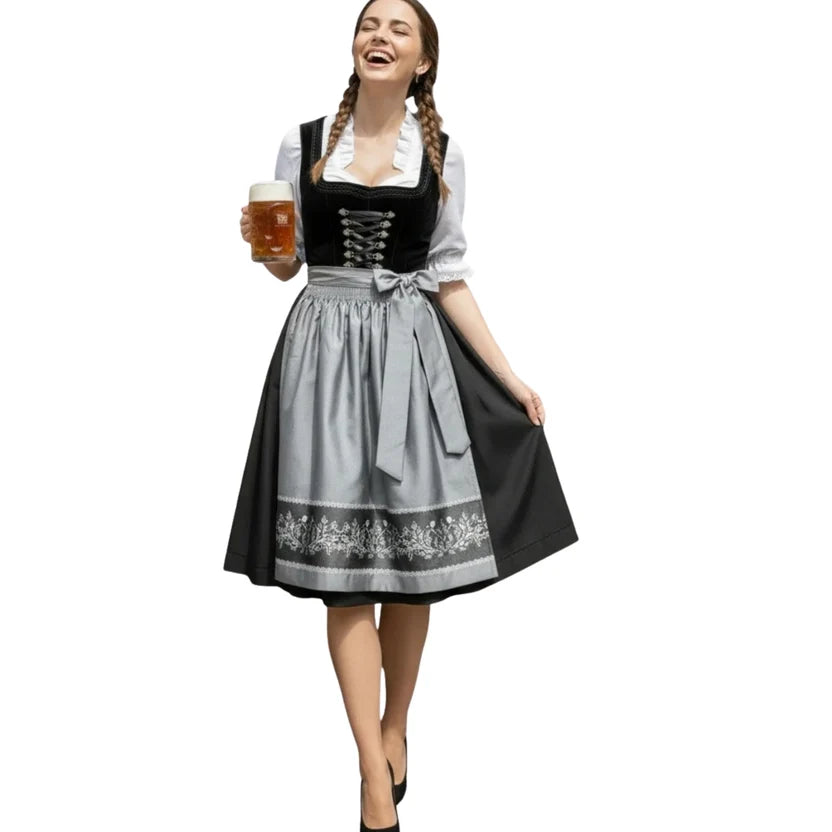 Black Velvet Dirndl Dress with Grey Floral Apron
