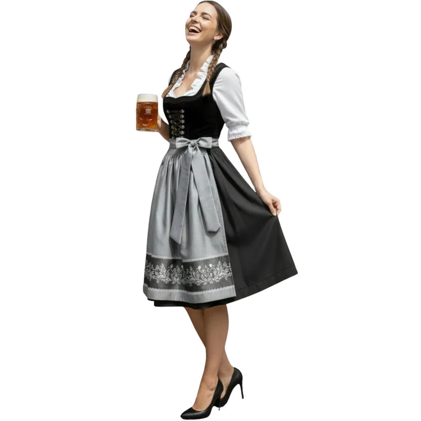 Black Velvet Dirndl Dress with Grey Floral Apron
