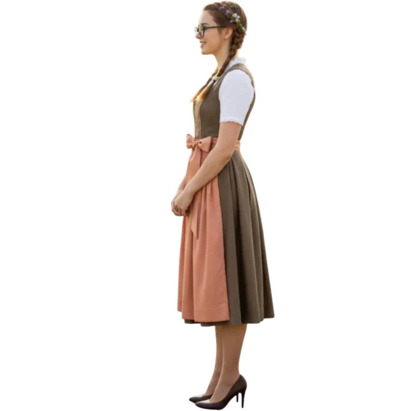 Olive Green Dirndl Dress with Peach Apron | Oktoberfest