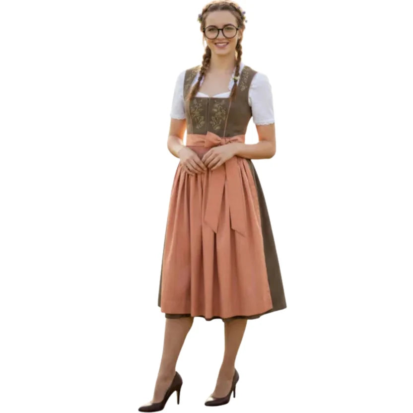 Olive Green Dirndl Dress with Peach Apron | Oktoberfest