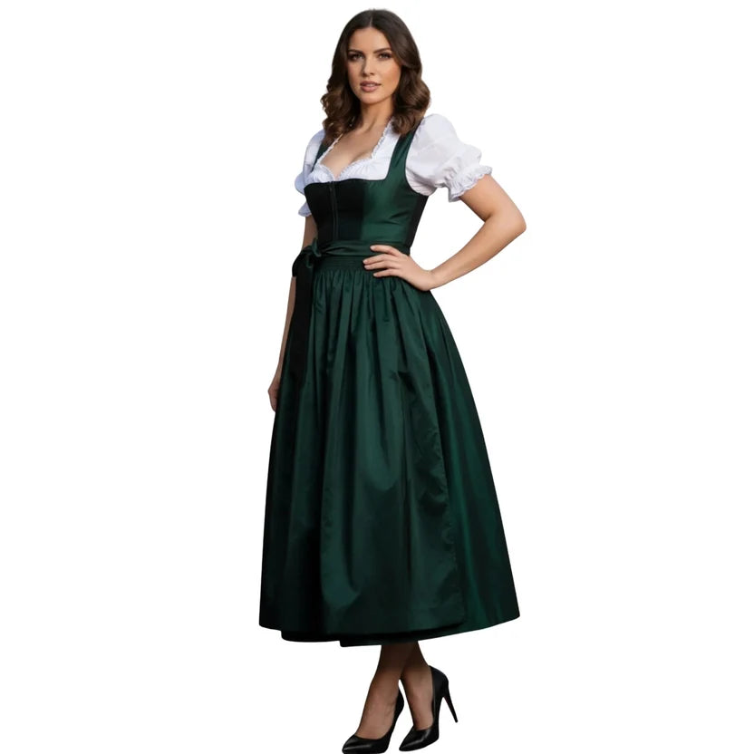 Forest Green Satin Dirndl Dress with Puff Sleeves | Long