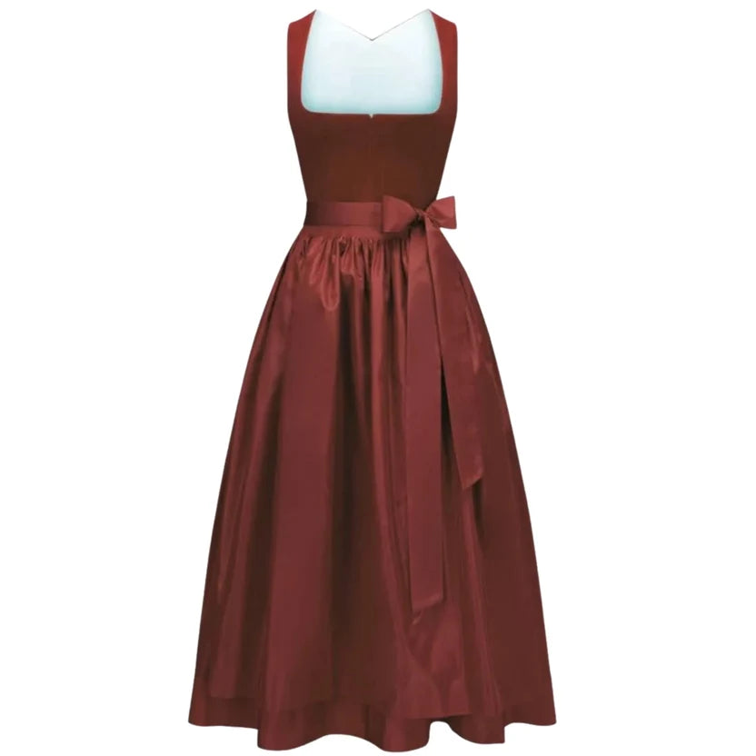 Rust Red Velvet Dirndl Dress with Satin Bow Sash