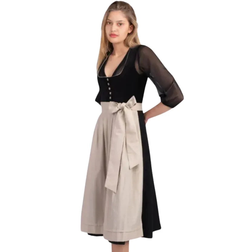 Black and Beige Dirndl Dress with Sheer Sleeves