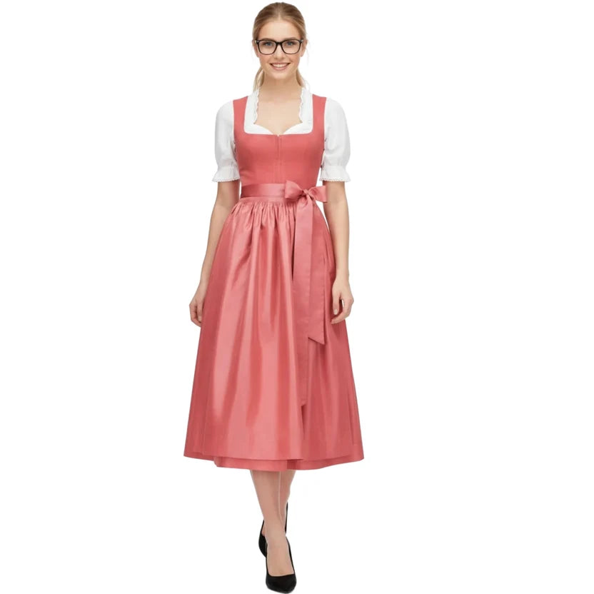 Dusty Rose Satin Dirndl Dress with Scalloped Neck