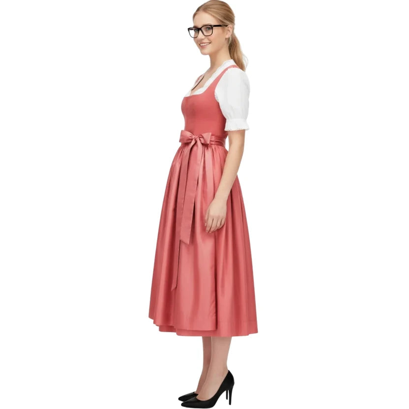Dusty Rose Satin Dirndl Dress with Scalloped Neck