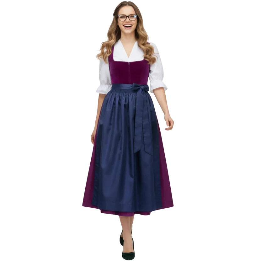 Purple Velvet Dirndl Dress with Navy Satin Apron