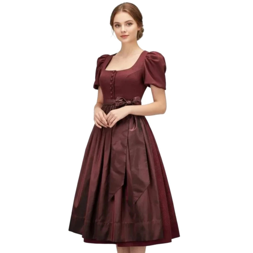 Burgundy Puff Sleeve Dirndl Dress with Button Front