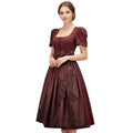 Burgundy Puff Sleeve Dirndl Dress with Button Front
