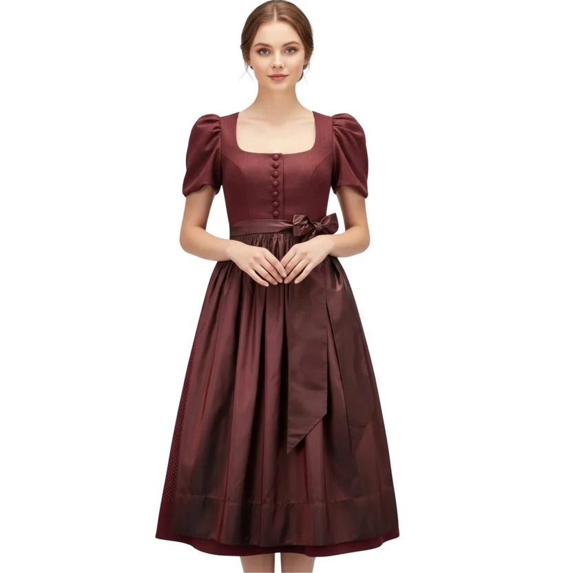 Burgundy Puff Sleeve Dirndl Dress with Button Front