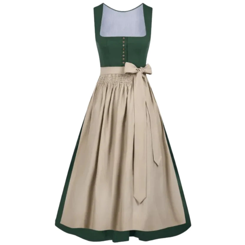 Green Dirndl Dress with Beige Apron & Gold Buttons