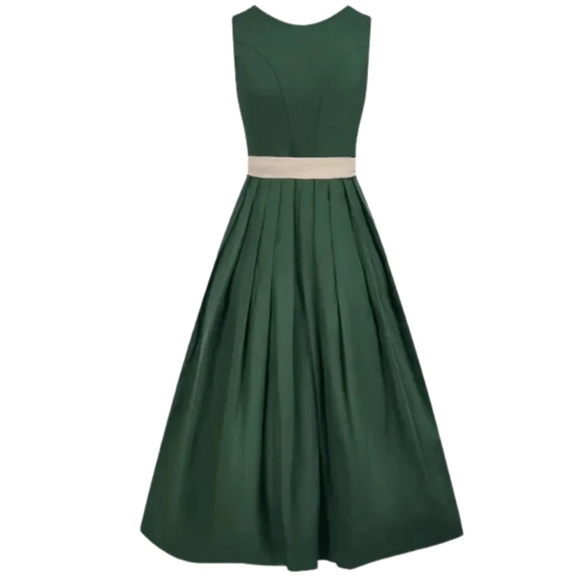 Green Dirndl Dress with Beige Apron & Gold Buttons