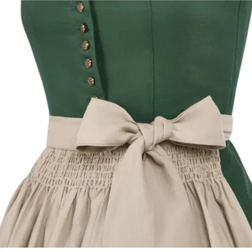 Green Dirndl Dress with Beige Apron & Gold Buttons