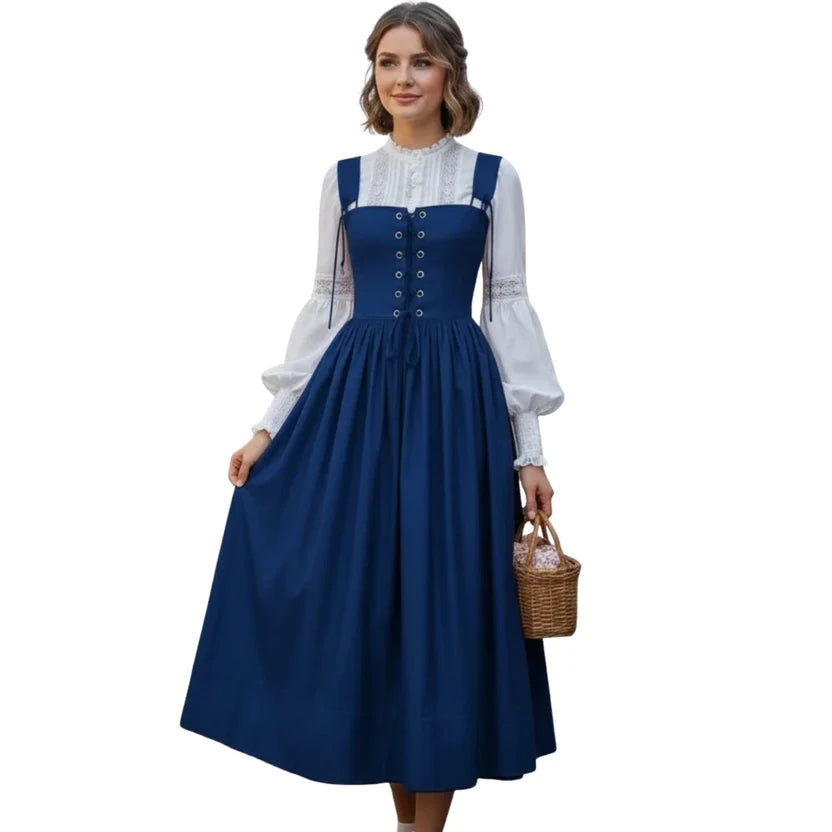 Navy Blue Lace-Up Corset Dress with Bishop Sleeves