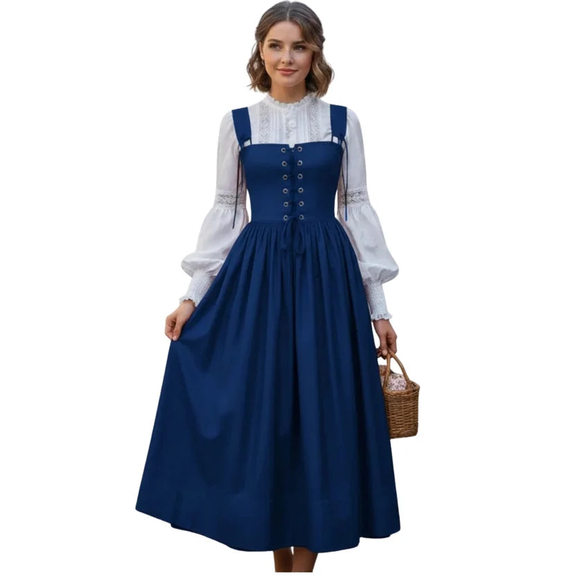 Navy Blue Lace-Up Corset Dress with Bishop Sleeves