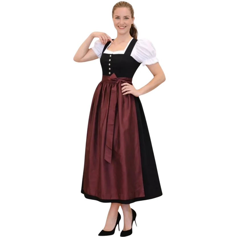 Black Dirndl Dress with Burgundy Satin Apron | Classic